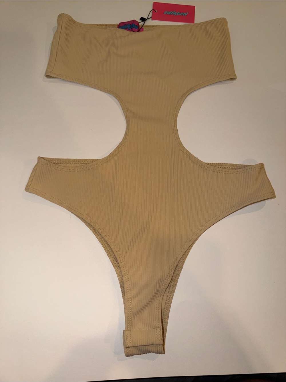 Edikted Beige Ribbed Cut-Out women’s One-Piece